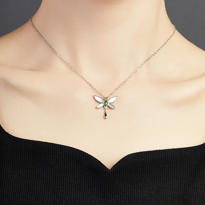 Original model wearing the nephrite jade dragonfly necklace
