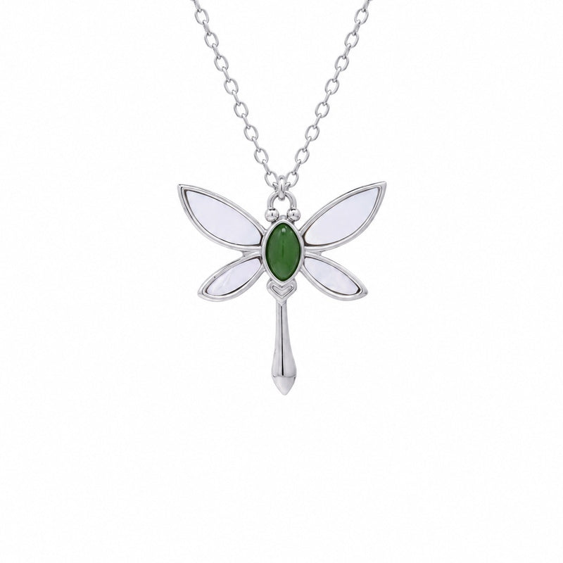 Front view of the silver jade and shell dragonfly necklace on white