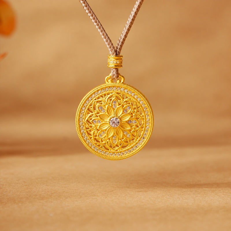 Sunflower compass pendant on a warm golden background
