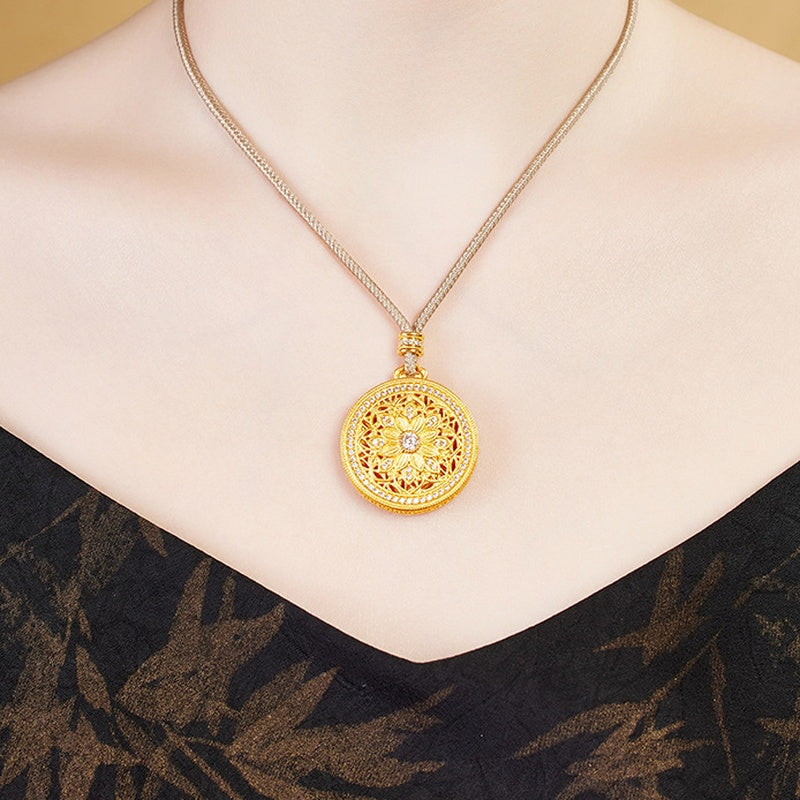 Model wearing the sunflower compass necklace