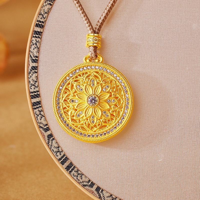 Openwork sunflower medallion beside a fabric prop