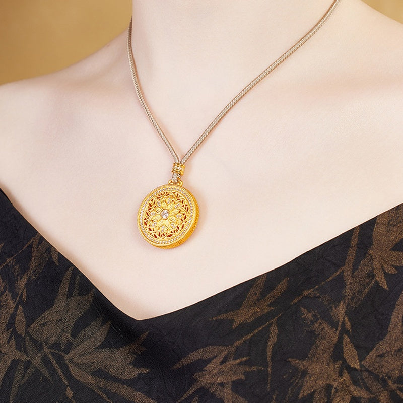 Model wearing the sunflower necklace at an angle