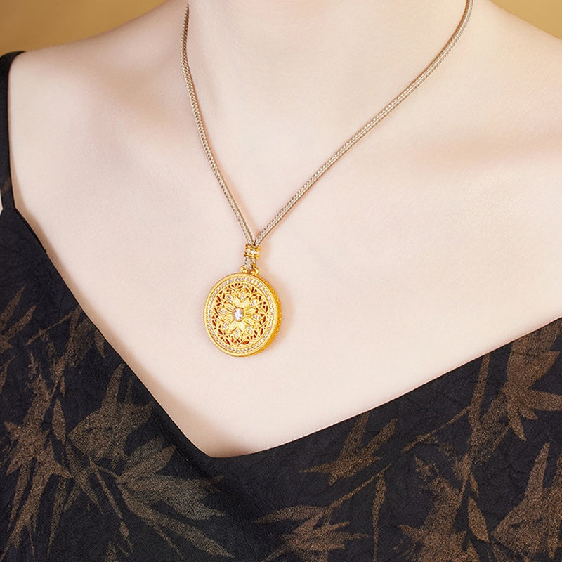 Side view of the sunflower necklace on a model