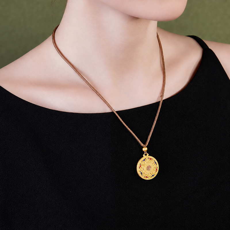 Eight Treasures necklace worn with a black top