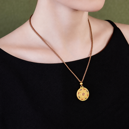 Eight Treasures necklace worn with a black top