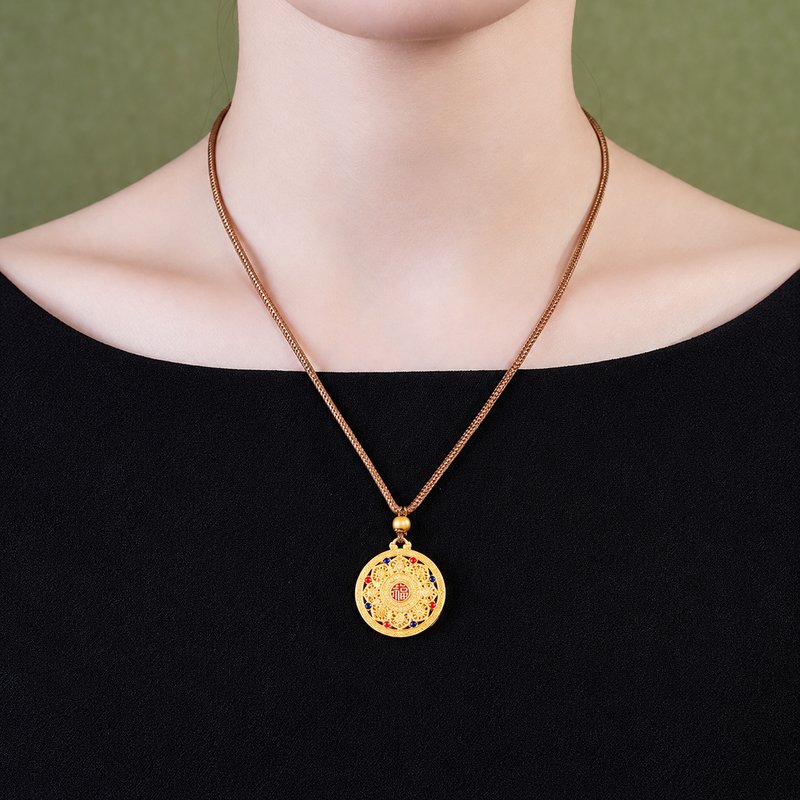 Eight Treasures necklace worn with a black top