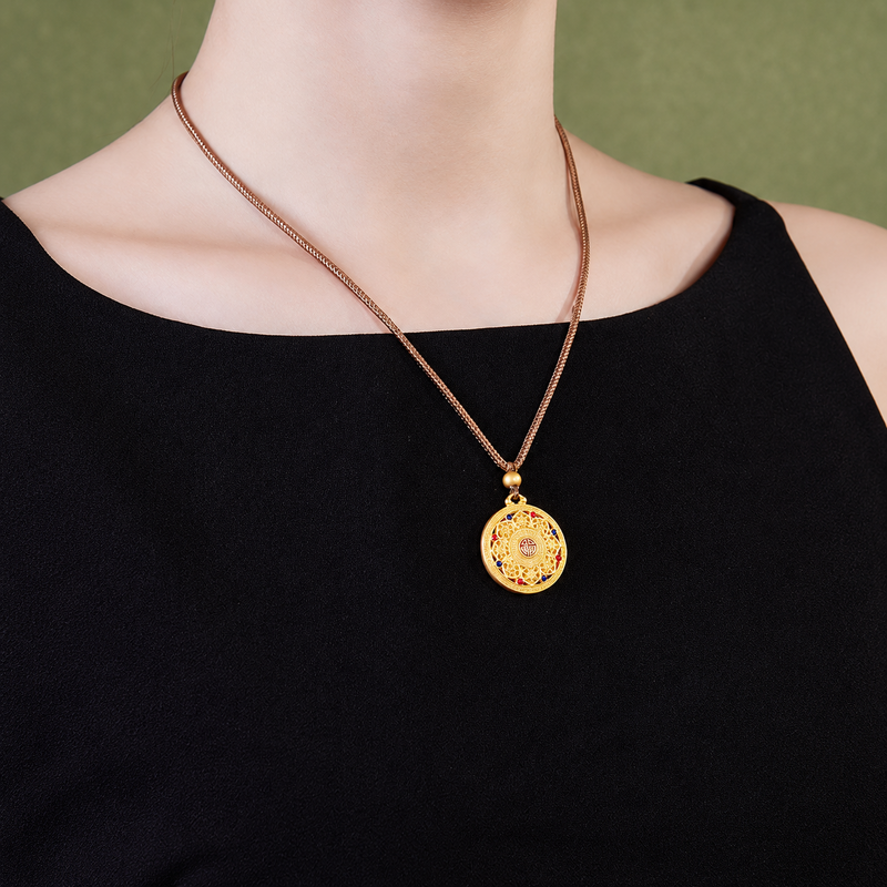 Eight Treasures necklace worn with a black top