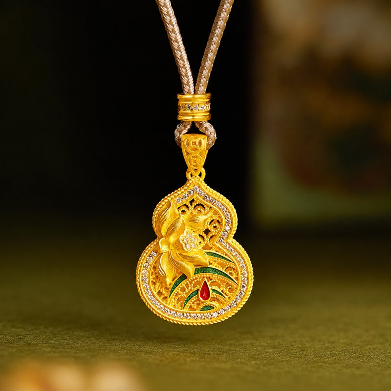 Front view of the gold-plated lotus gourd pendant