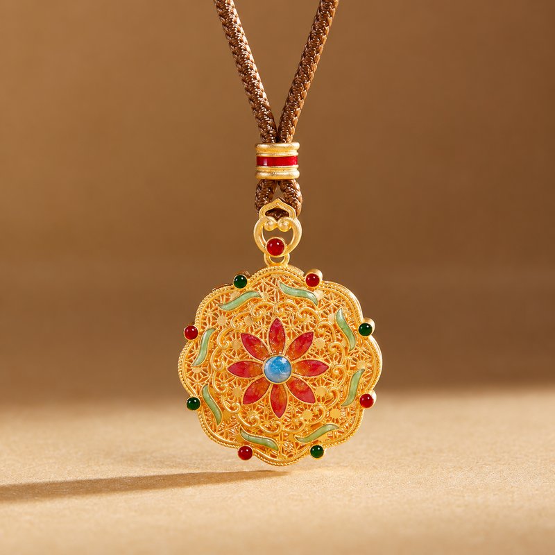 Front view of enamel orchid pendant