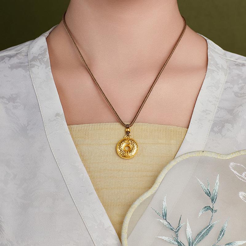 Front model view showing the adjustable cord necklace