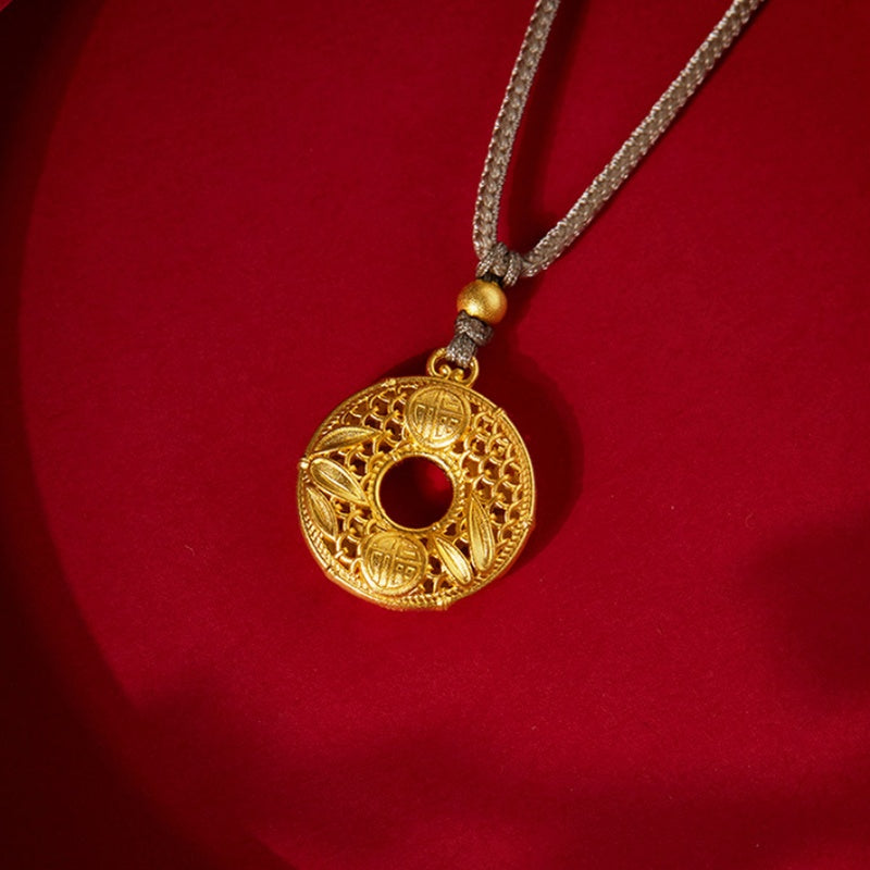 Angled view of the bamboo peace buckle necklace