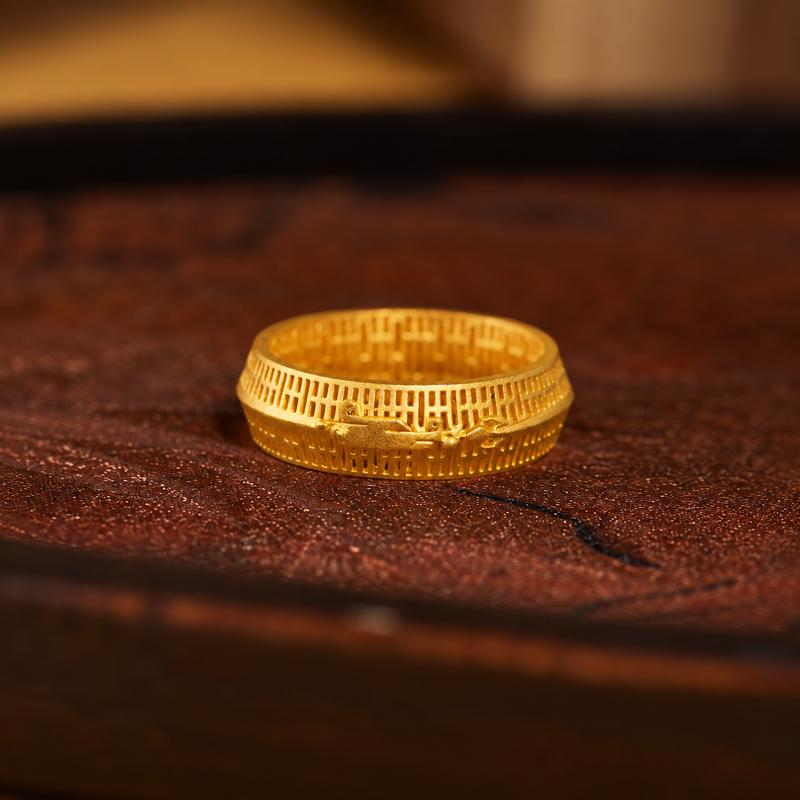 Filigree dragon ring on its original warm wood background