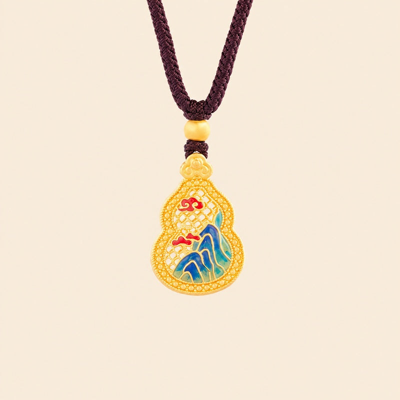 Landscape gourd pendant detail against a cream background
