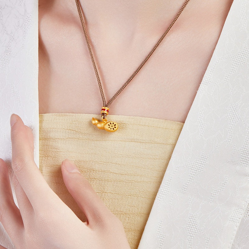 Supplier model wearing the lotus-root necklace with an open white shirt