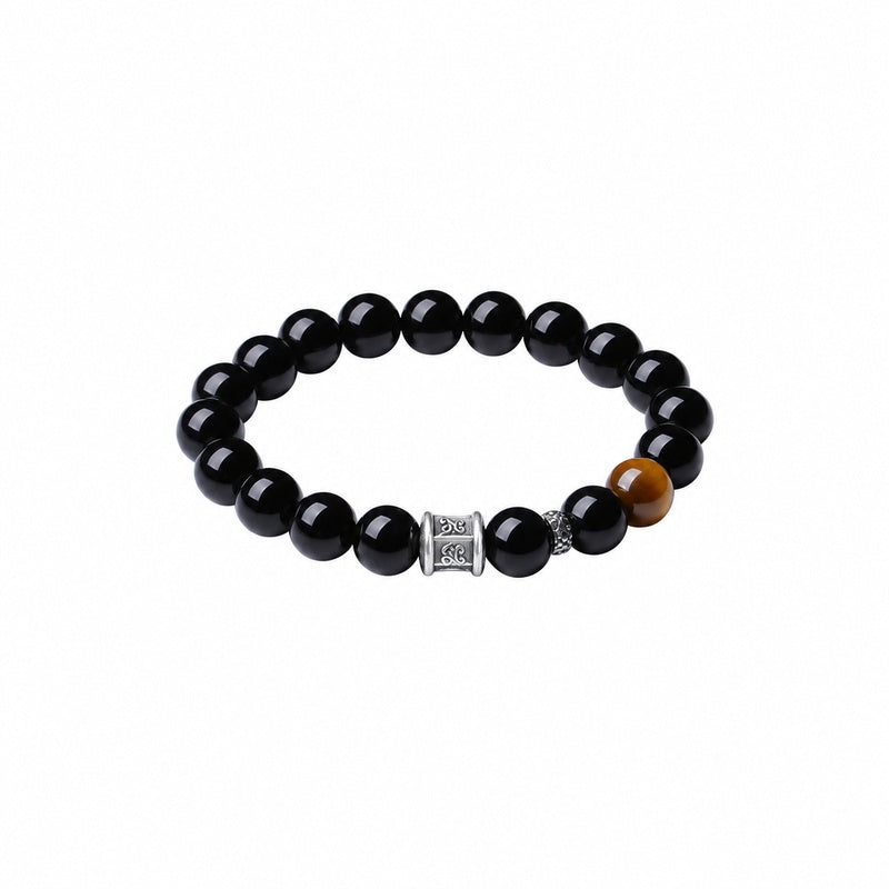 White-background view of the obsidian and tiger eye mantra bracelet