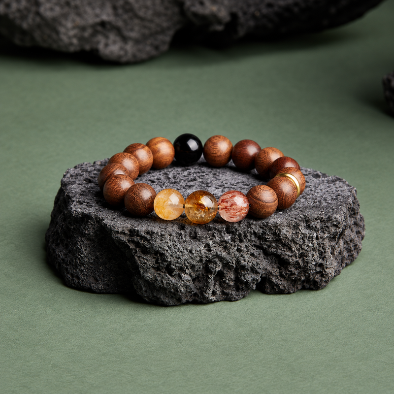 Golden Silk Wood and crystal peace buckle bracelet on dark rock with green background