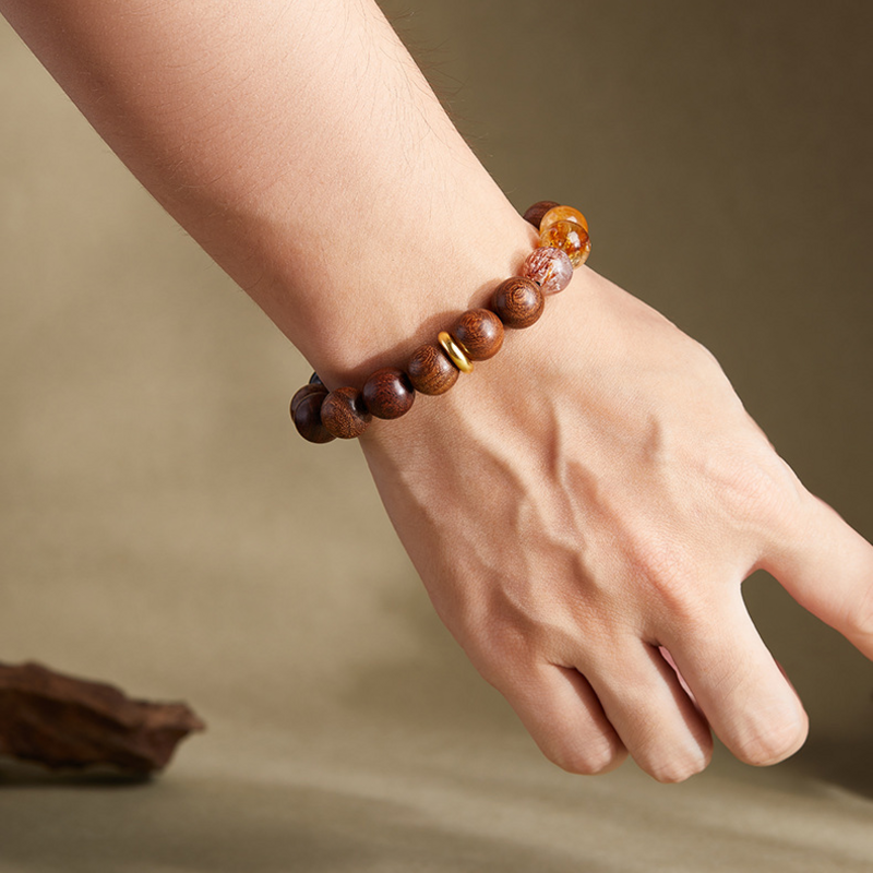 Original model wearing the wood and crystal peace buckle bracelet