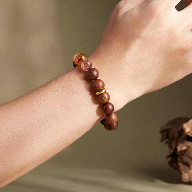 Second original wrist view of the wood and crystal bracelet