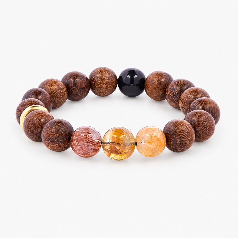 Light-background view of the Golden Silk Wood bracelet and five measured bead types