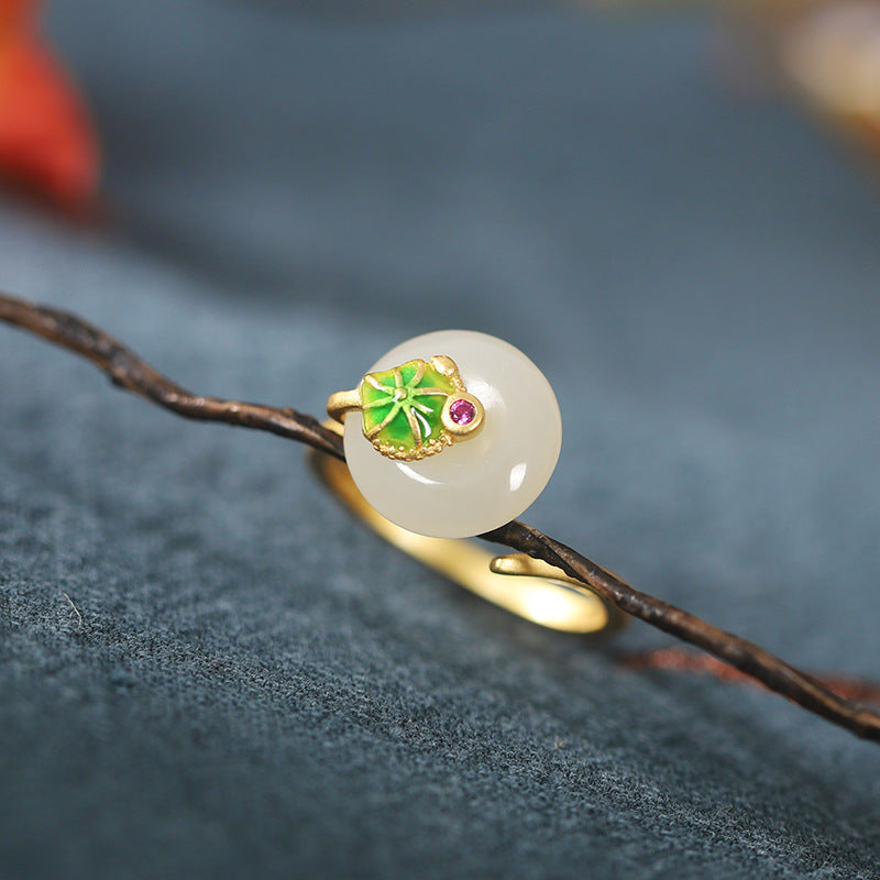 Nephrite jade peace disc and enamel lotus leaf ring