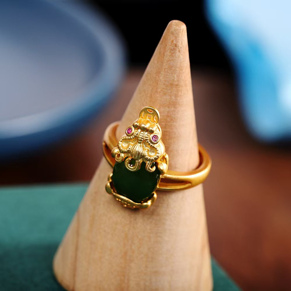 Guardian Prosperity Pixiu Green Jade Gold-Plated Silver Ring