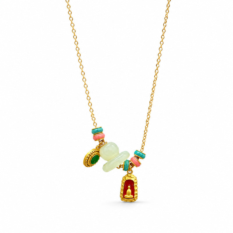 Nephrite jade Buddha necklace on white background