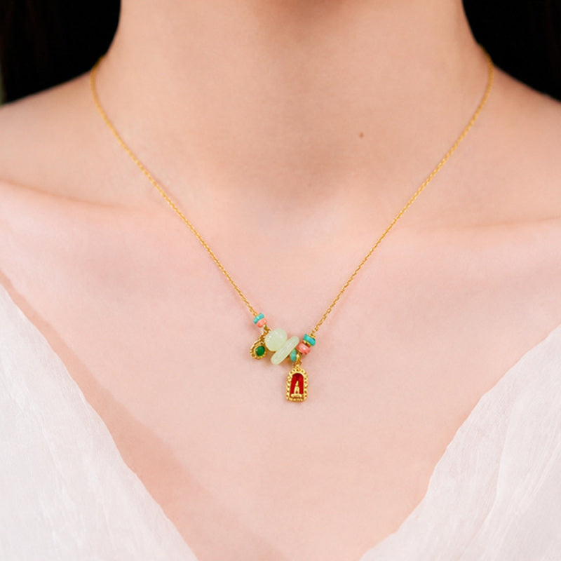 Model wearing nephrite jade Buddha necklace