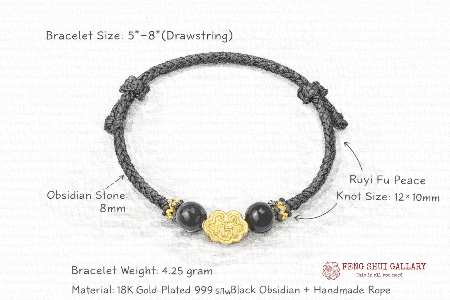 999 Sterling Silver & Obsidian Fortune Bracelet – Handmade Lucky Ruyi Knot Design