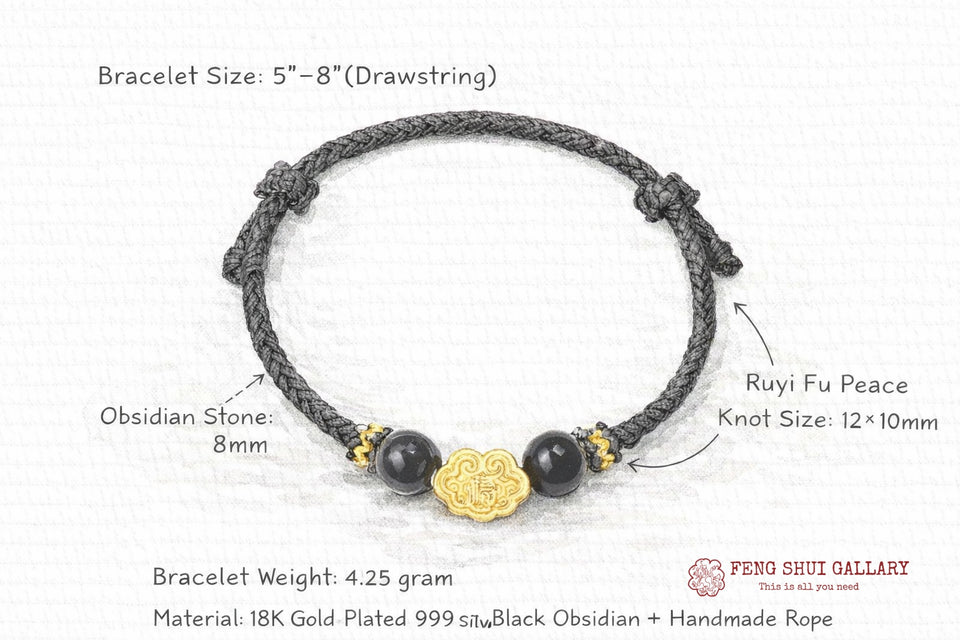 999 Sterling Silver & Obsidian Fortune Bracelet – Handmade Lucky Ruyi Knot Design