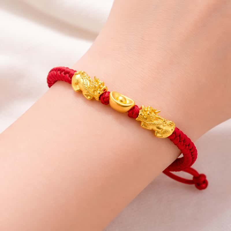 24K Gold Double Pixiu Ingot Wealth&Lucky Red Rope Bracelet