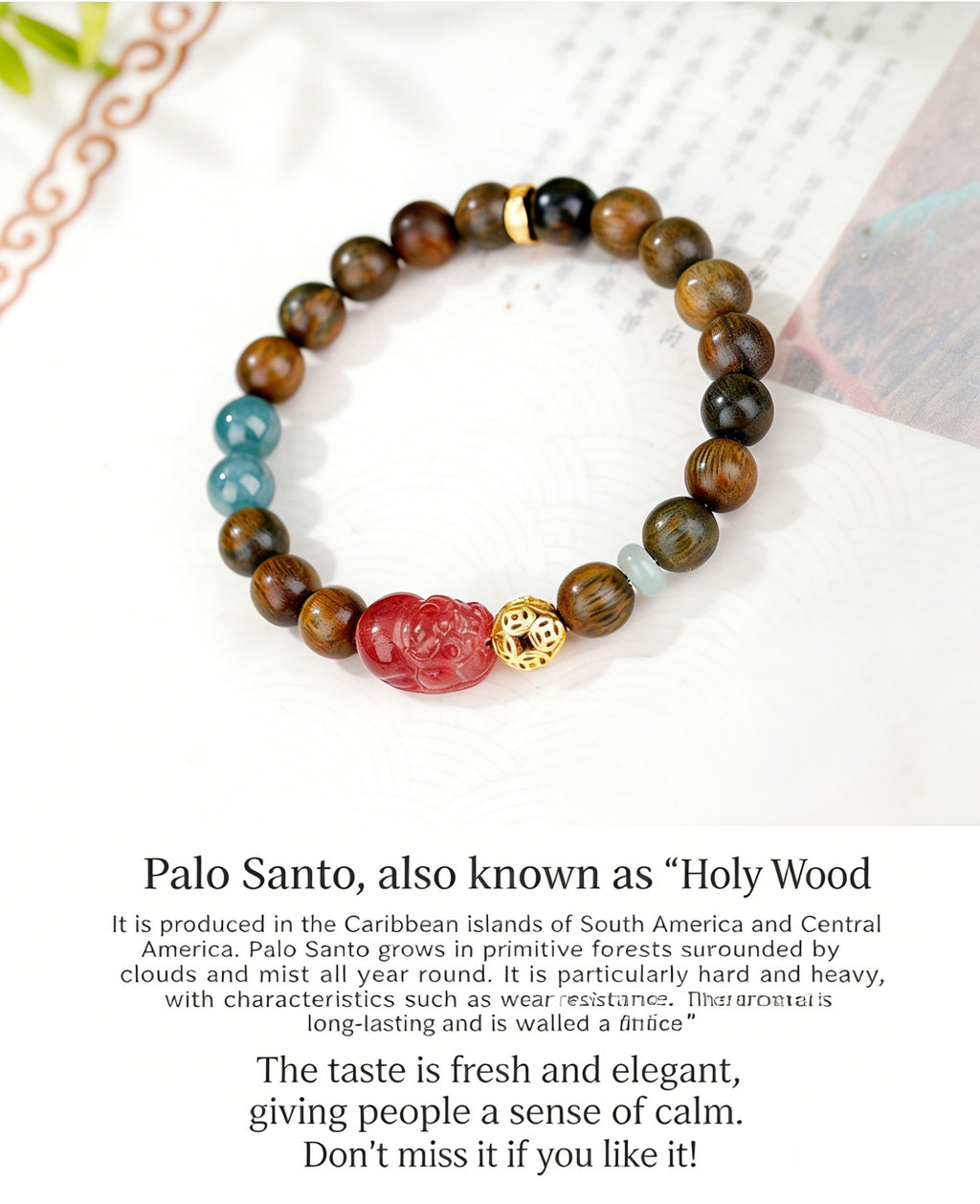 Strawberry Quartz Pixiu Green Sandalwood Bracelet-Verdant Echoes & Crimson Luck