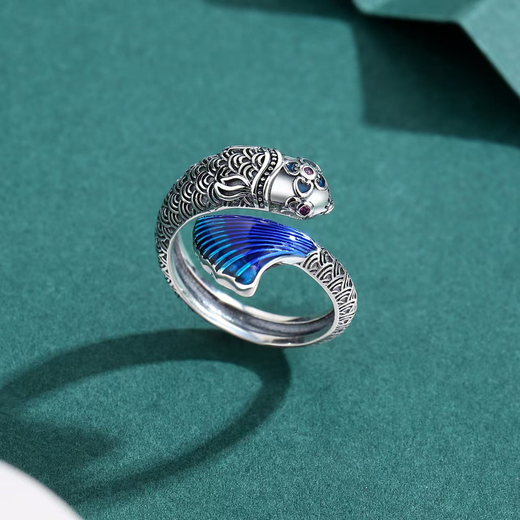 Cloisonné Koi Fish Ring – Sterling Silver Enamel Lucky Ring for Wealth and Prosperity
