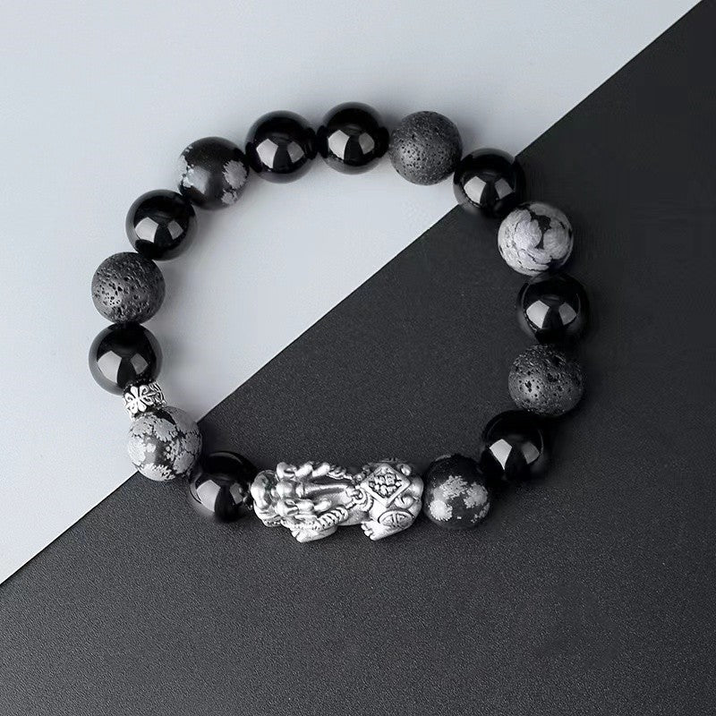999 Silver Pixiu Obisidian Men`s Bracelet-Attract Luck