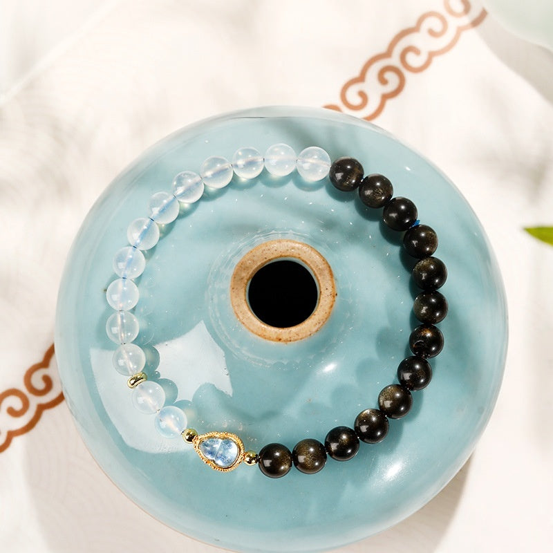 Clarity in Motion-Gold Obsidian Aquamarine Gourd Bracelet