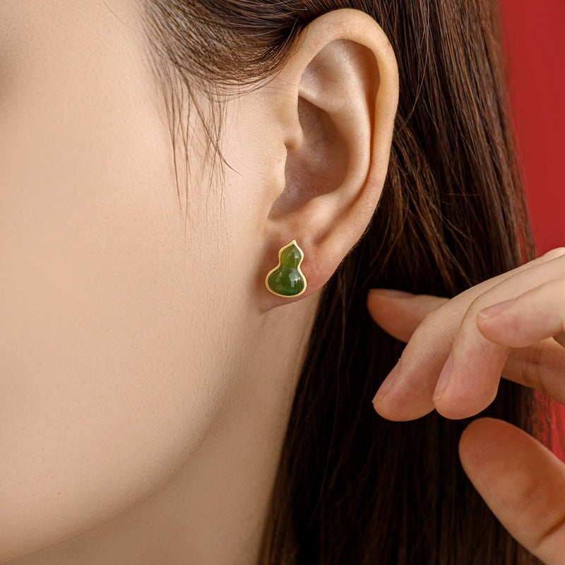 Gourd Nephrite Jade & Red Agate Stud Earrings-Blessings Close By