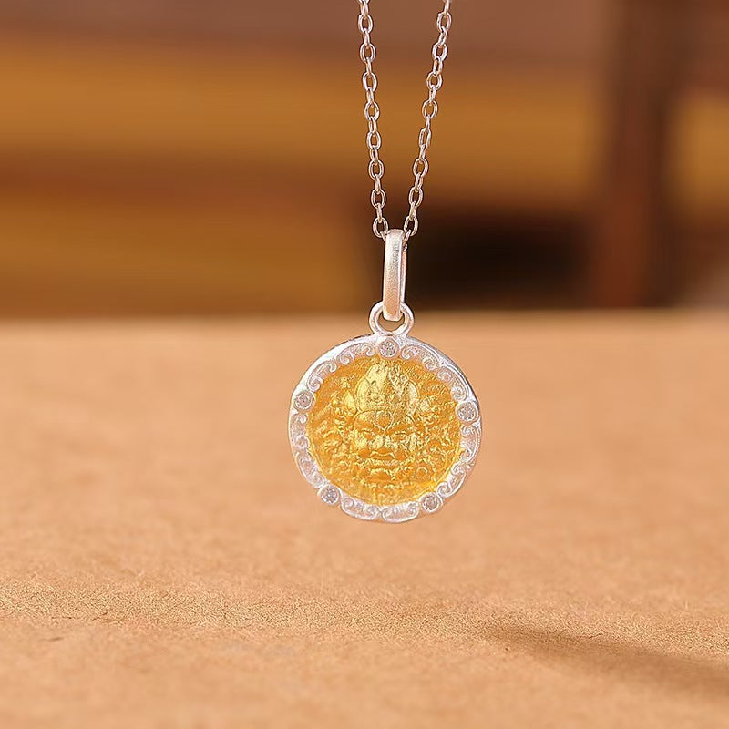 Yellow Jambhala Six True Words Silver Pendant Necklace -Protection and Prosperity