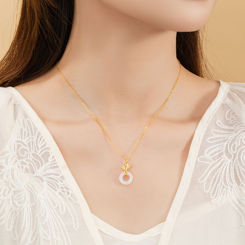 Ginkgo Nephrite Jade Peace Disc Necklace-Peace and Happiness