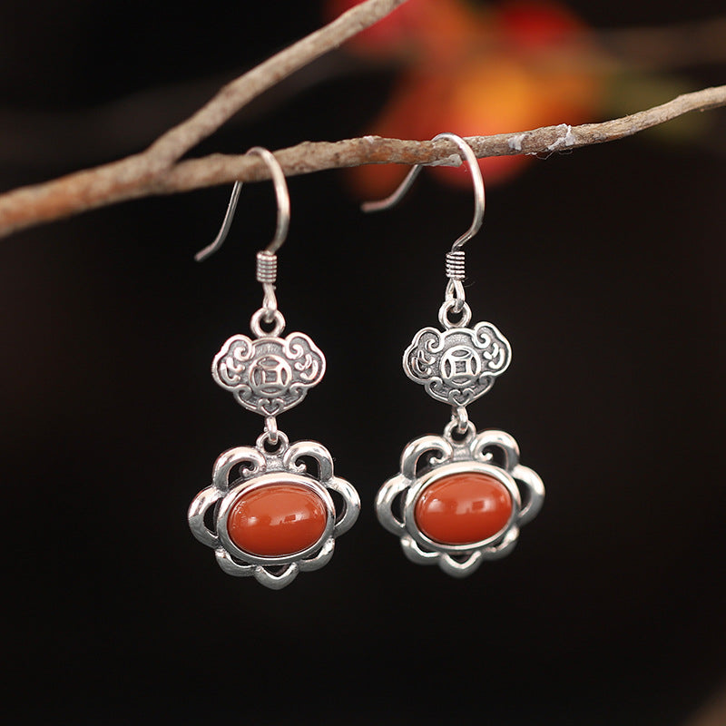 Auspicious Cloud Nephrite Jade or Red Agate S925 Silver Earrings-Wishes for Good Days