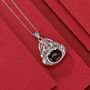 Natural Red Amber Laughing Buddha Silver Necklace-Divine Mind