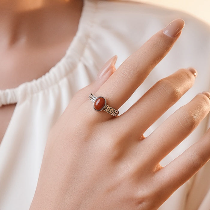 Ancient Coin Red Agate S925 Silver Adjustable Ring-Timeless Radiance