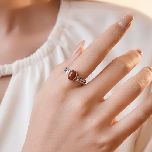 Ancient Coin Red Agate S925 Silver Adjustable Ring-Timeless Radiance