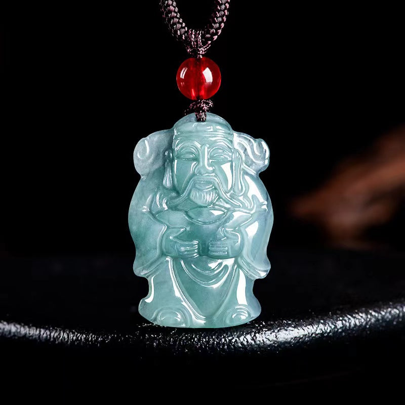 Cai Shen Jade Charm Pendant Necklace for Lucky Wealth Good Fortune Career Success