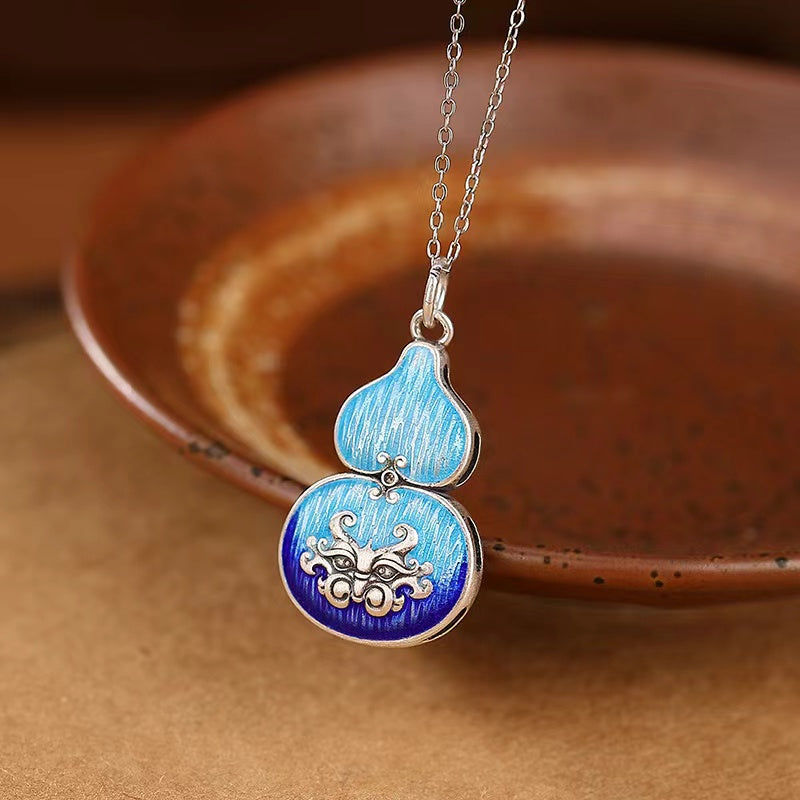 Feng Shui Calabash Cloisonne Silver Necklace-Protection, Longevity & Prosperity