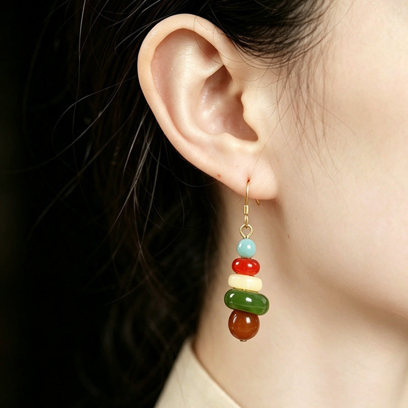 Hetian Jade Amber Five-Stone Earrings-Layered Harmony