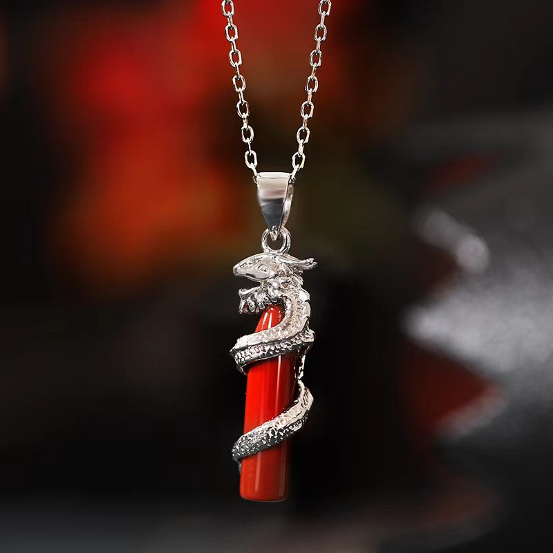Ancient Dragon Pillar Agate Silver Necklace-Fortune Prosperity