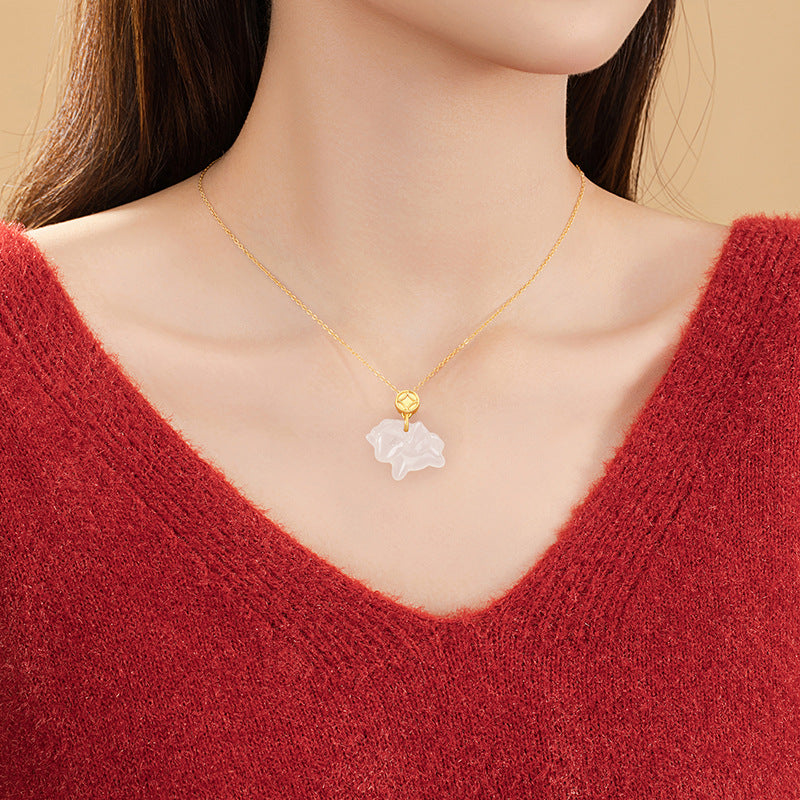 Horse & Coin White Agate Necklace-Prosperity on the Way