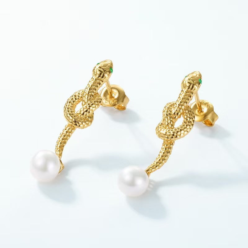 Gold Snake Pearl Bead Stud Earring-Transformation and Renewal