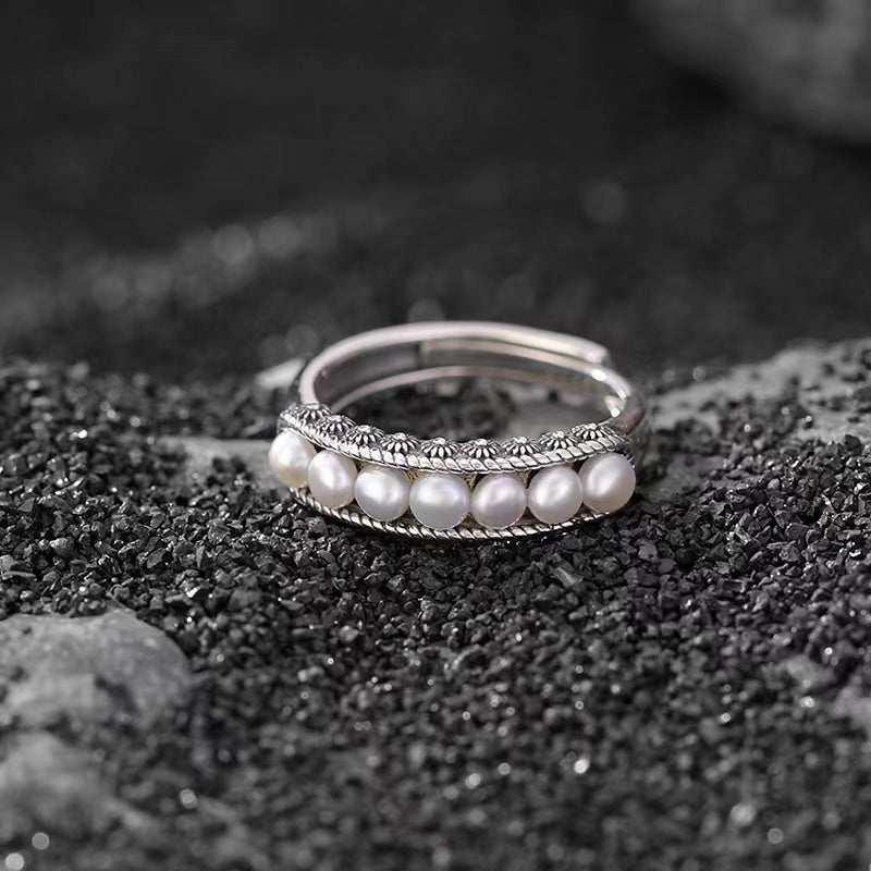Seven-in-a-row Pearl Vintage Silver Ring-Peace and Harmony