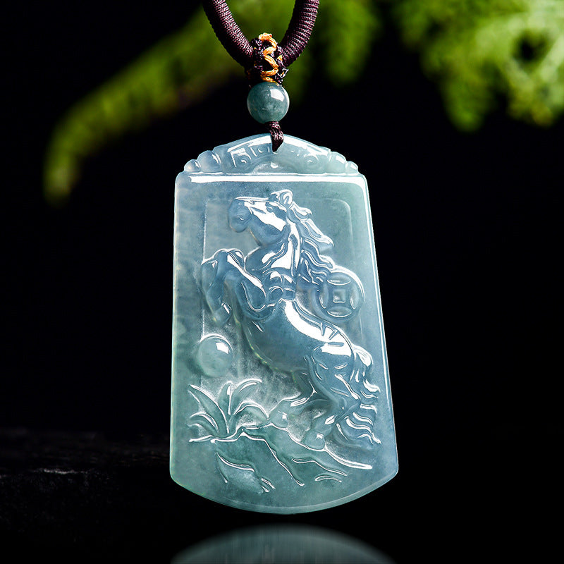 The Galloping Spirit of Success Horse Jade Pendant-Natural Blue Water Jadeite