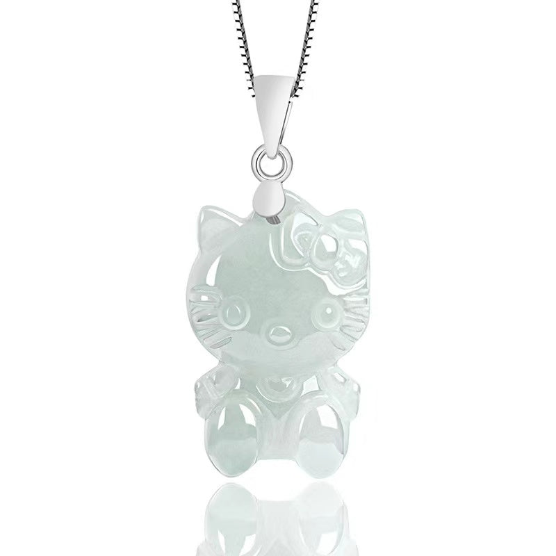 Natural Jade Cat Necklace-Good Fortune and Luck